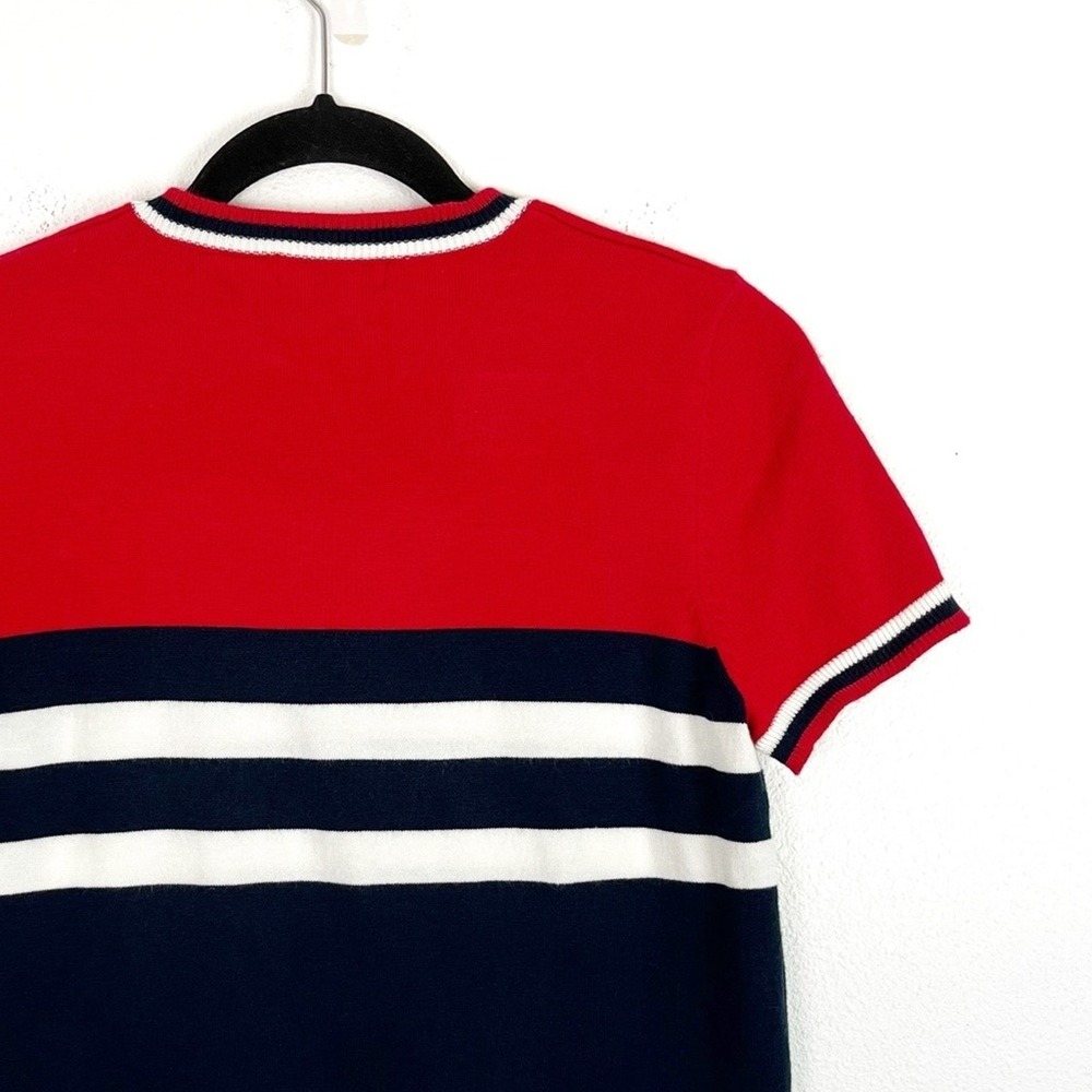 Vintage V-Neck Sweater Top Small Red Blue Short Sleeve Stars Stripes 90s Y2K - Picture 5 of 9